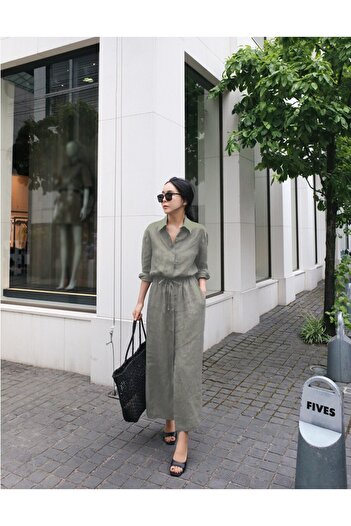 Toridas Linen Daily Comfortable Waist Lace Detailed Long Sleeve Dress