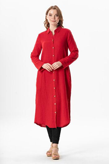 Eliş Şile Bezi Summer Tunic - Long Sleeve Shirt, Collar Hafsa and Muslin, Red/Krmz
