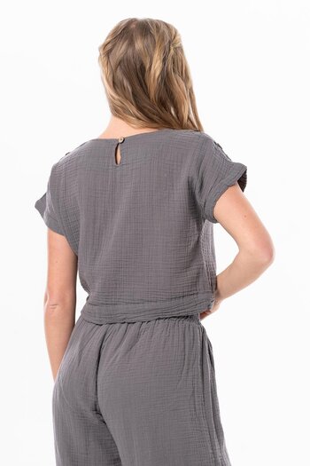 Eliş Şile Bezi Short Sleeve Izel Summer Muslin Blouse Gray Gray