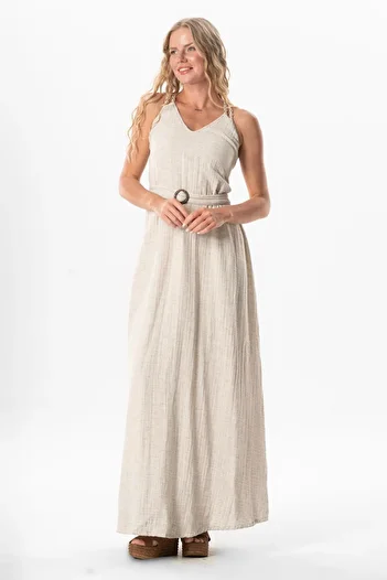 Eliş Şile Bezi Κρεμαστό V Neck Beach Belted Kten Καλοκαιρινό Μακρύ Φόρεμα Κρέμα
