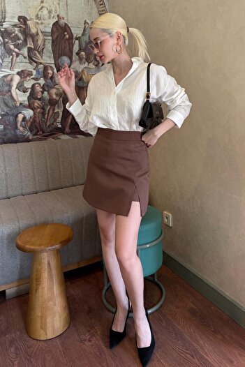 Madmext Brown Slit Detailed Women's Shorts Skirt Mg2315