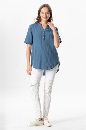 Eliş Şile Bezi Short Sleeve Gülgün V-Neck Muslin Summer Blouse Indigo Indg