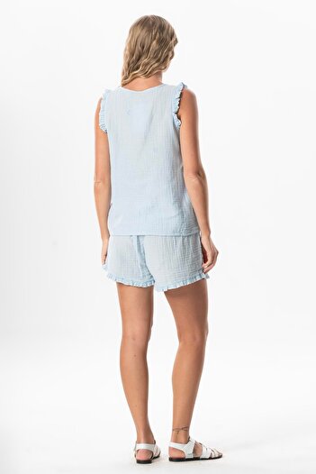 Eliş Şile Bezi Sleeveless Detail Duru Oval Collar Blue Blouse