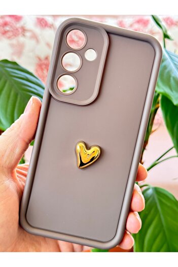 Fibaks Samsung Galaxy A54 Case 3D Heart Design Brown Pattern Soft Camera Protection Silicone Cover