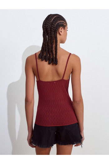 Dilvin 10732 Strappy Openwork Bow Detailed Thin Knitwear Blouse-Claret Red