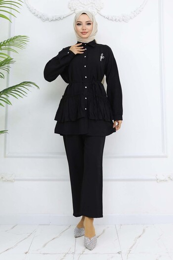 benguen Frilly Brooch Detailed Double Suit Black 4793