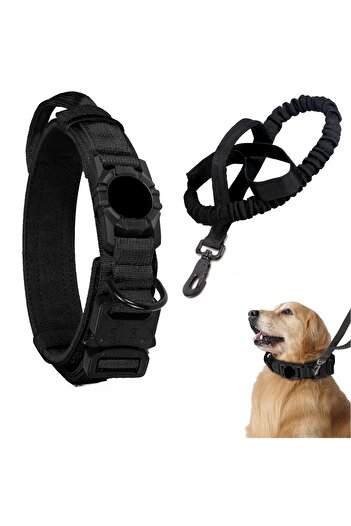 Choice L Black Set Adjustable Nylon AirTag Holder Dog Collar  Metal Buckle Pet Tactical Collar Dog Accessor