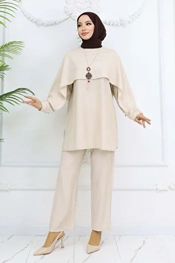 benguen Collar Detailed Hijab Suit with Necklace Stone Color