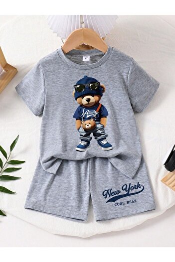 MORNİNG KİDS Boy-Girl Newyork Cool Bear Printed Combed Cotton Shorts T-Shirt Set