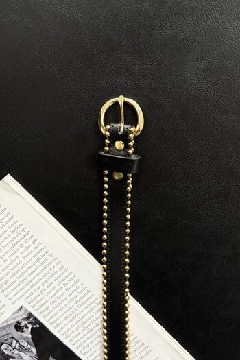 LEONAS Black Metal Embroidered Mini Buckle Women's Belt
