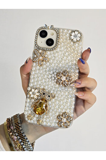 OSG iPhone 13 And 14 Compatible Premium Protective Phone Case With Pearls And 3d Characters Handmade Stone Premium Protective Phone Case