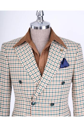TerziAdemAltun Italian Style Slim Fit Houndstooth Pattern Double Breasted Men's Coat Green T13049