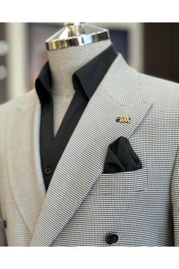 TerziAdemAltun Italian Style Slim Fit Houndstooth Pattern Double Breasted Men's Jacket Black T12624