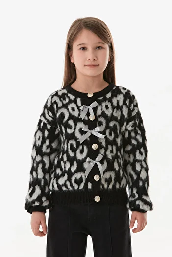 Fulla Moda Leopard Patterned Girl's Knitwear Cardigan with Bow Detail