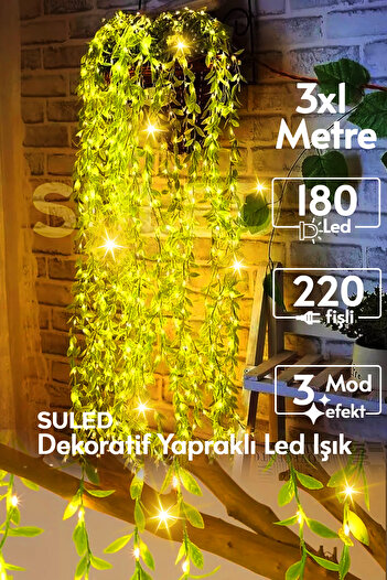 SULED Dekoratif Yapraklı Led Işık 3x1 Metre 180 Led 220V Fişli 3 Modlu Ambiyans Aydınlatma Süs & Dekor Led