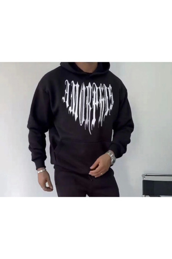 REKA MODA    Long Sleeve Hooded Printed Sweatshirt - Black