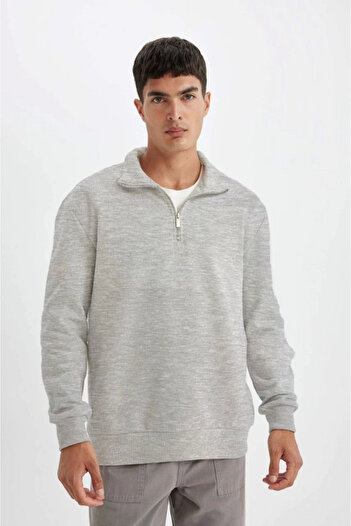 Giyimodam    Unisex Long Sleeve Half Zip Collar Basic Sweatshirt - Gray