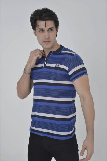 JANES Ανδρικό T-Shirt Blue Slim Fit ριγέ - Γιακά
