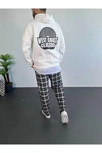soonaksesuar    Men's Printed Three Thread Hooded Oversize Sweatshirt - White