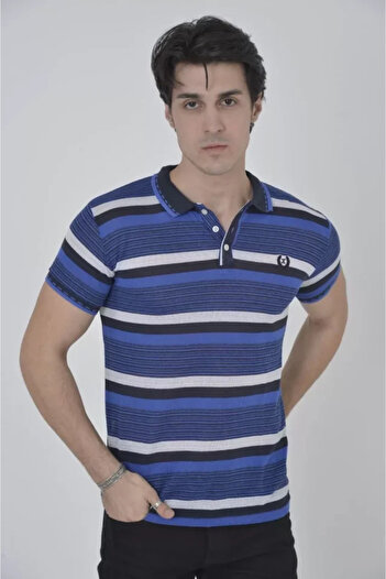 JANES Ανδρικό T-Shirt Blue Slim Fit ριγέ - Γιακά