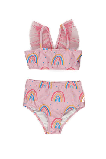 Panço Kız Çocuk Tül Detaylı Baskılı Pembe Bikini Takım