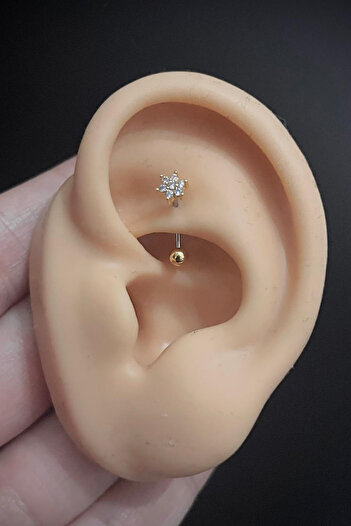 Blisse Piercing Kadın Çiçek Figürlü Zirkon Taşlı Rook ve Kaş Çelik Piercing