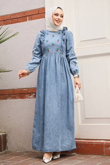 Neva Style Cherry Patterned Dark Blue Hijab Denim Dress 19146Km