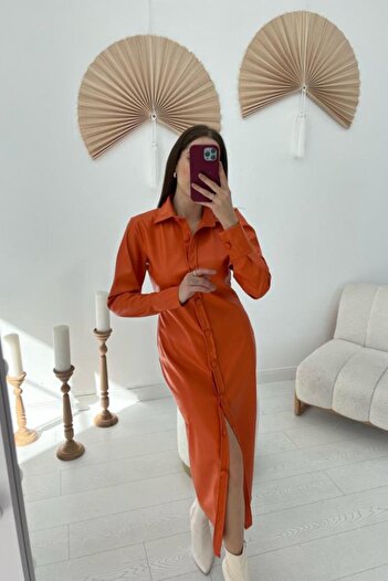 buğrahayalin Orange Buttoned Leather Dress