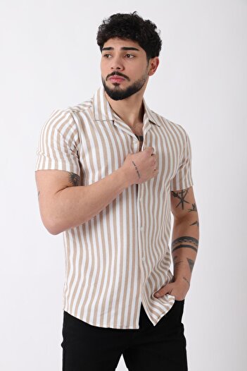 Stilkombin Apaç Collar Striped Ottoman Short Sleeve Shirt Jl_40364