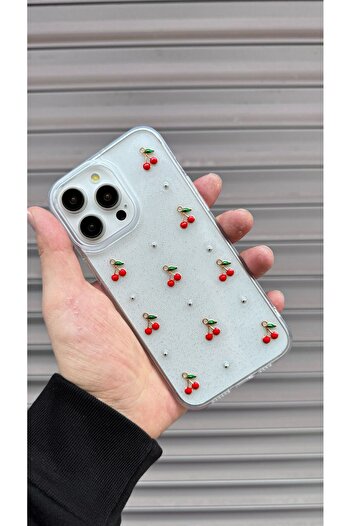 KVK PRİVACY Apple iPhone 16 Pro Max Uyumlu Epoksi Kiraz Desenli Şeffaf Kılıf Simli Darbeye Karşı Dayanıklı Kapak