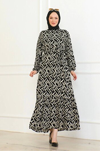 Neva Style Black/Cream Line Patterned Dress