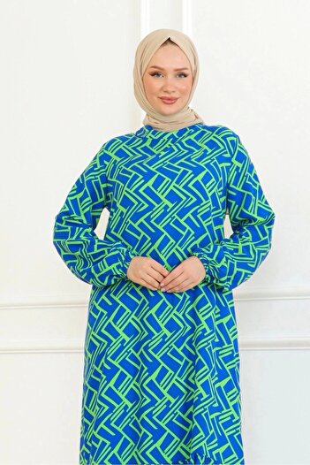 Neva Style Çizgi Desenli Elbise - Yeşil
