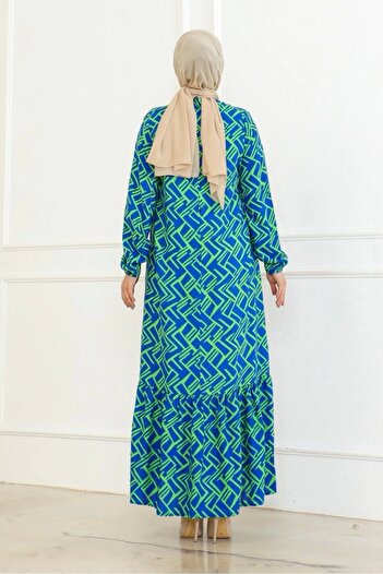 Neva Style Çizgi Desenli Elbise - Yeşil