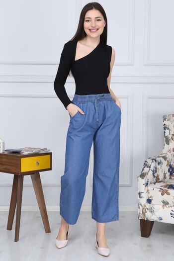 Gül Moda Plus Size Women's Blue Wide Leg Tensel Jeans with Elasticized Waist G016