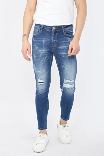 Bluewhite Men's Skinny Fit Ripped Detailed Jeans Dark Blue