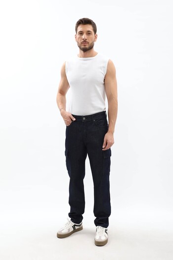 Bluewhite Men's Navy Blue Jeans with Cargo Pockets