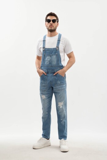 MARKAPIA Men's Jean Overalls Trousers Ice Blue