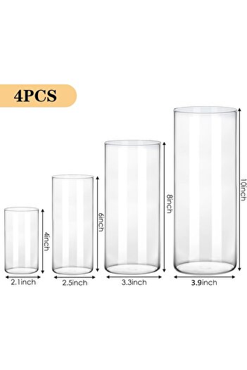 Home Zone 4pcs Clear Glass Cylinder Vases, 4, 6, 8, 10 Inch Tall for Floating Candle, Wedding, Home Décor