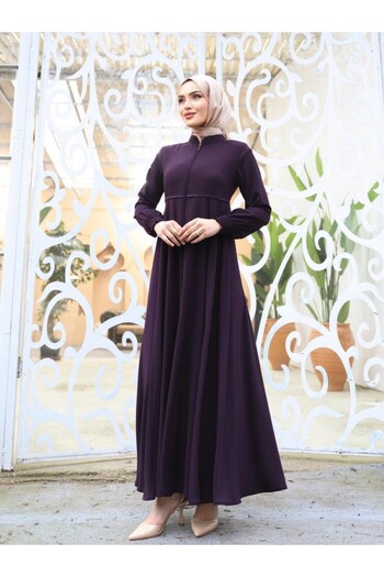 Modamorfo Purple Waist Scalloped Shoulder Padded Sleeves Elasticated Ferace