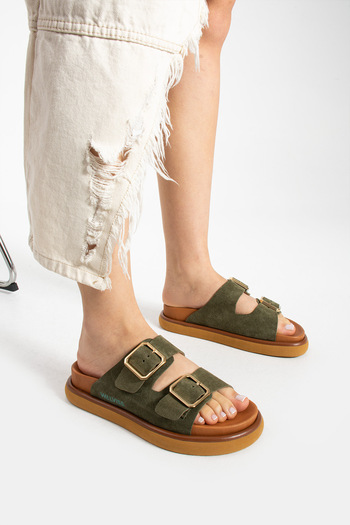 walviss Arandis Women's Genuine Suede Leather Double Buckle Khaki Slippers