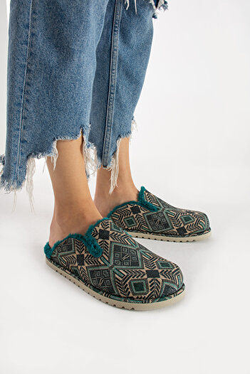 walviss Savora Women's Fabric Plush Laceless Petrol Green Slippers