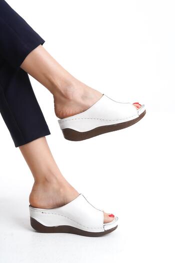 CZ London Women's Genuine Leather Wedge Heel Slippers Front Detailed Full Mold Daily Slippers