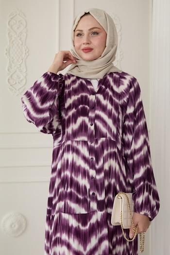 InStyle Batik Desenli Viskon Mor Elbise