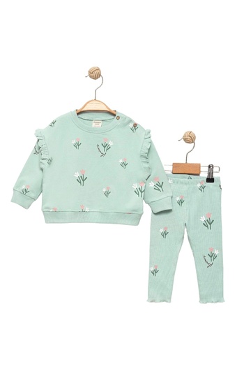 Divonette Baby Girl Green Sweatshirt and Ribbed Leggings - Top and Bottom Set