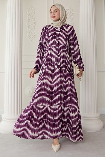 InStyle Batik Desenli Viskon Mor Elbise
