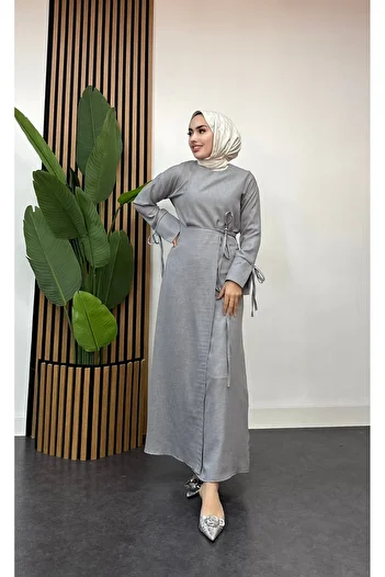 FREEMİH TEKSTİL Linen Skirted Double Suit with Drawstring at the Waist Gray