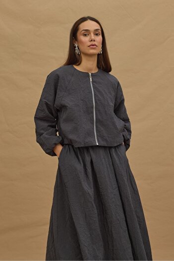Fahhar Anthracite Cropped Bomber Skirt Suit