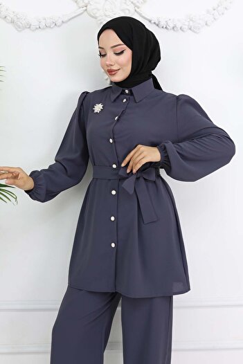 benguen Belted Double Suit with Pearl Brooch Anthracite 4768