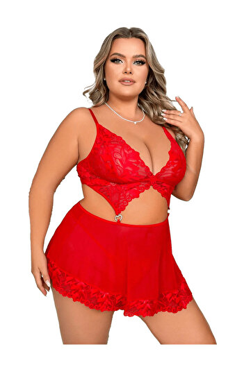 randevu Large Size Lace Mini Nightgown with Stone Accessories