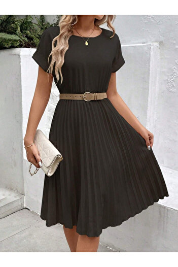 buğrahayalin Women's Short Sleeve Open Collar Elastic Waist Pleated Short Imported Crepe Dress